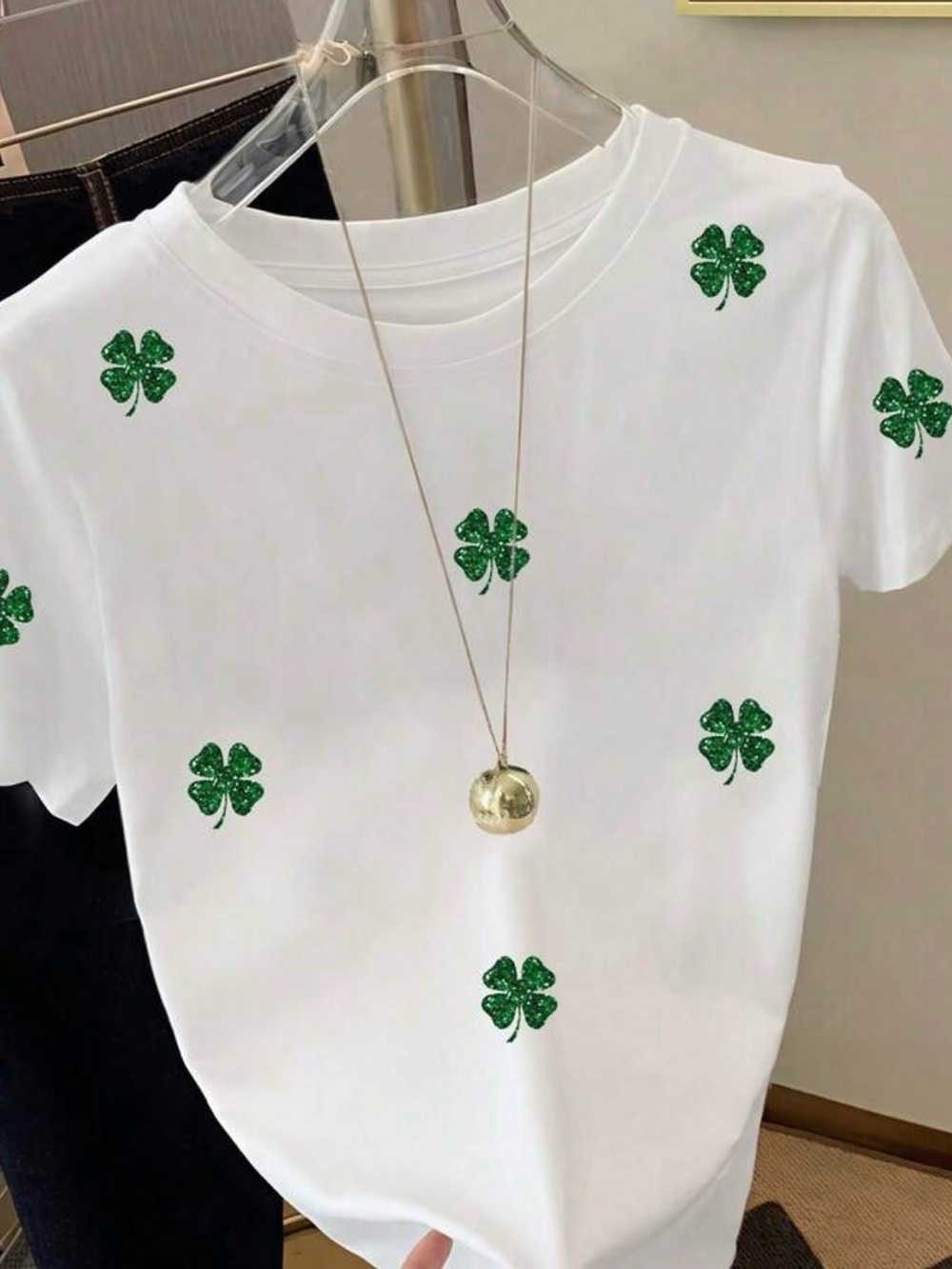 White Short Sleeve Tee with Green Clover Embellishments Lucky St Patty’s Day